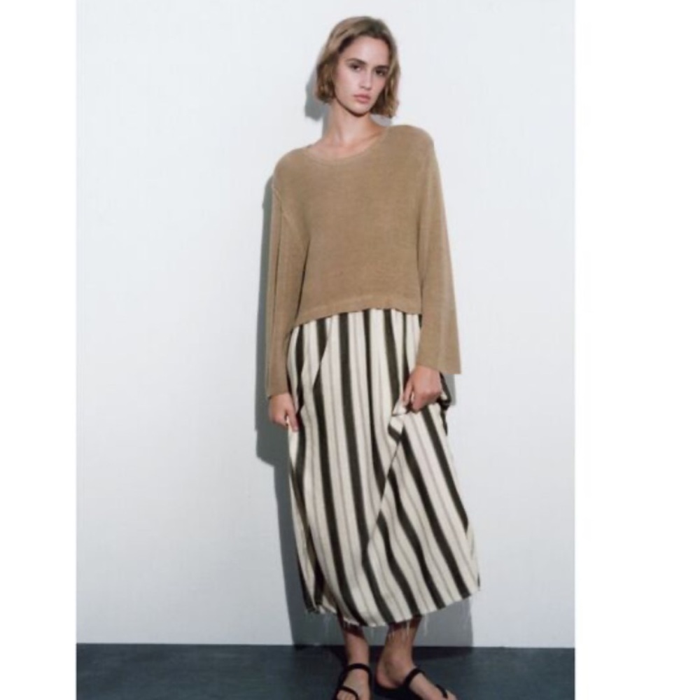 Zara Linen Blend Striped Midi Dress LG Mediterranean Summer Minimalist Wardrobe
